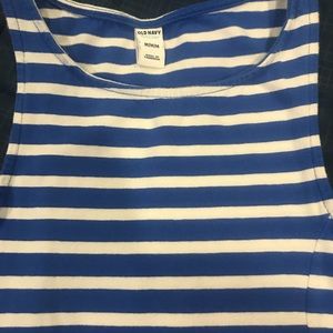 Blue and white striped A-line cotton tank dress.